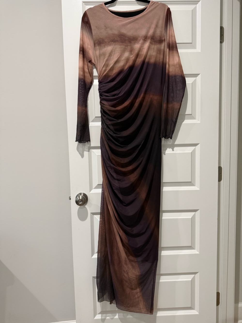 Ruched Long Sleeve Ombre Maxi Dress in Brown, Purple, Black